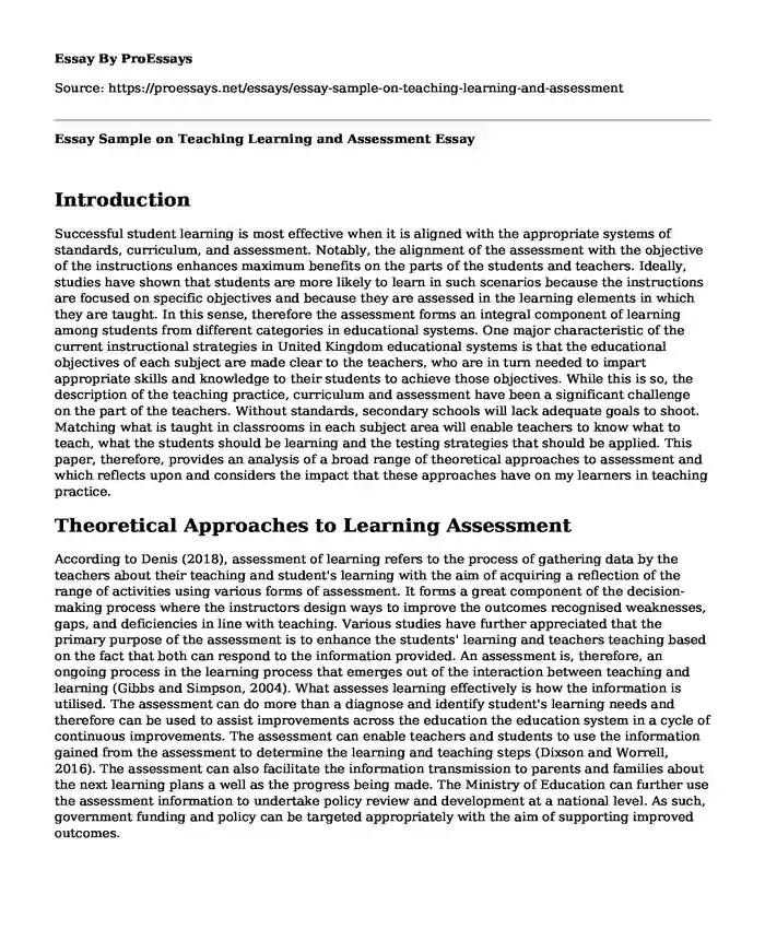 Essay Sample on Teaching Learning and Assessment
