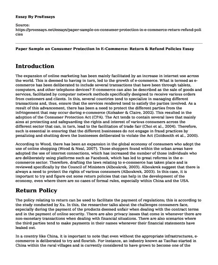 Paper Sample on Consumer Protection in E-Commerce: Return & Refund Policies