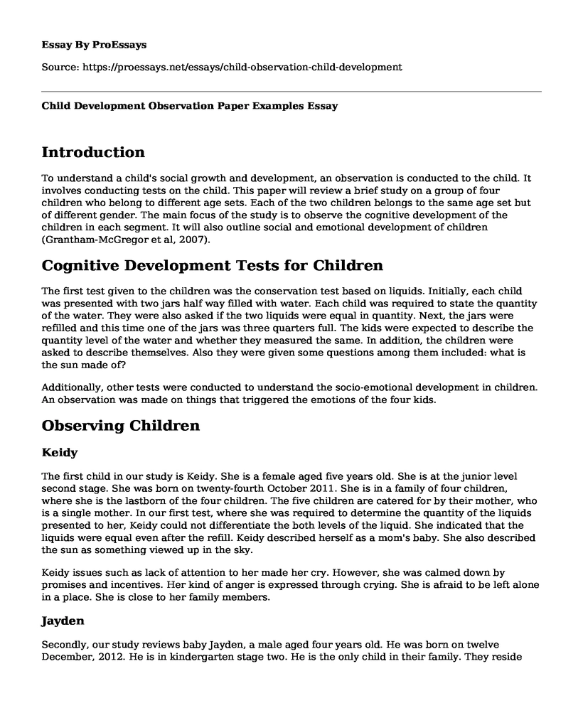 Child Development Observation Paper Examples