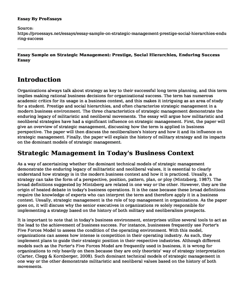 Essay Sample on Strategic Management: Prestige, Social Hierarchies, Enduring Success