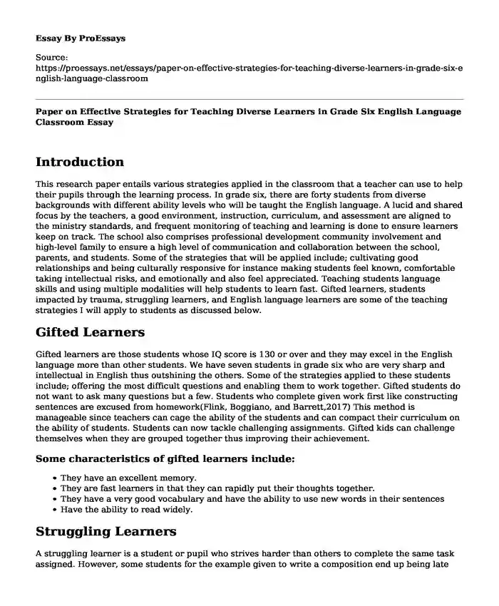 Paper on Effective Strategies for Teaching Diverse Learners in Grade Six English Language Classroom