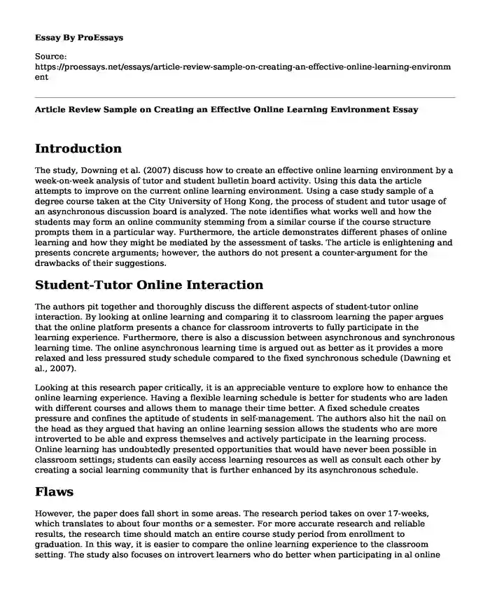 Article Review Sample on Creating an Effective Online Learning Environment