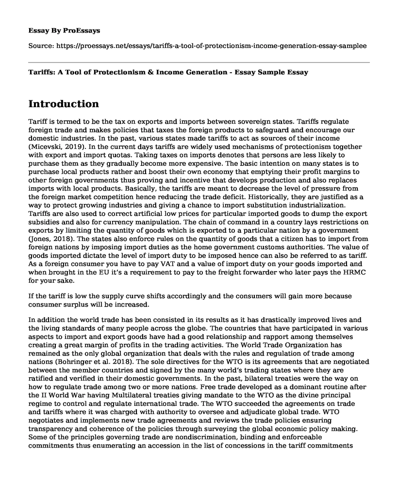 Tariffs: A Tool of Protectionism & Income Generation - Essay Sample