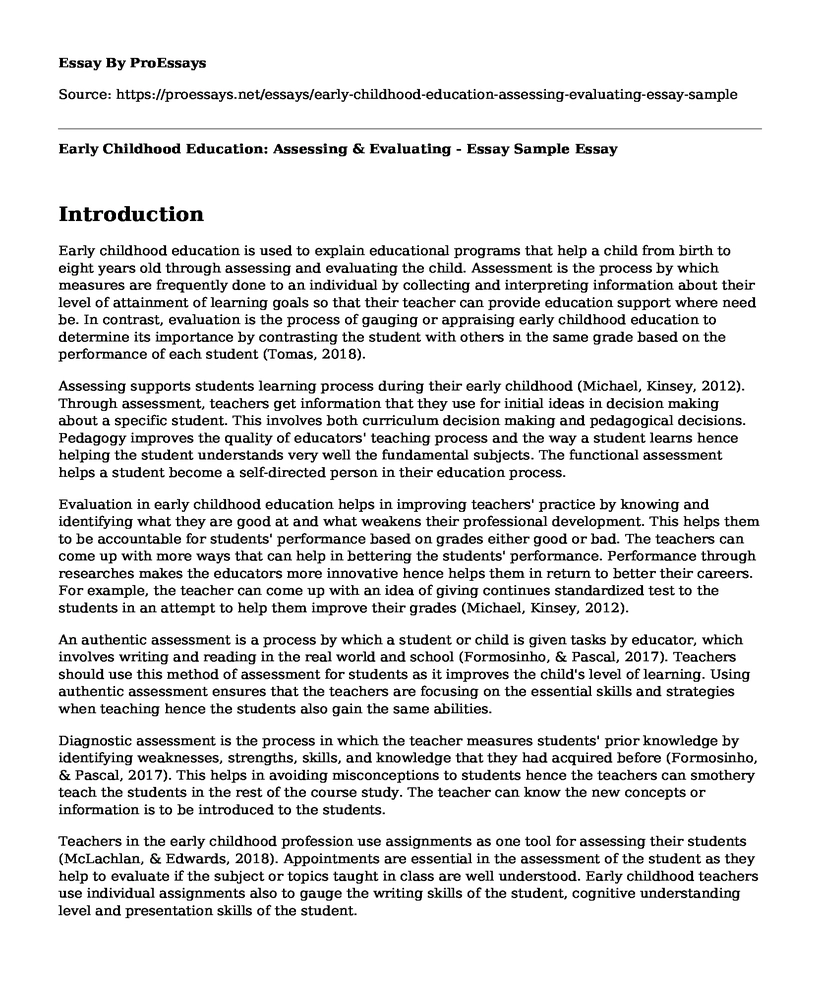Early Childhood Education: Assessing & Evaluating - Essay Sample