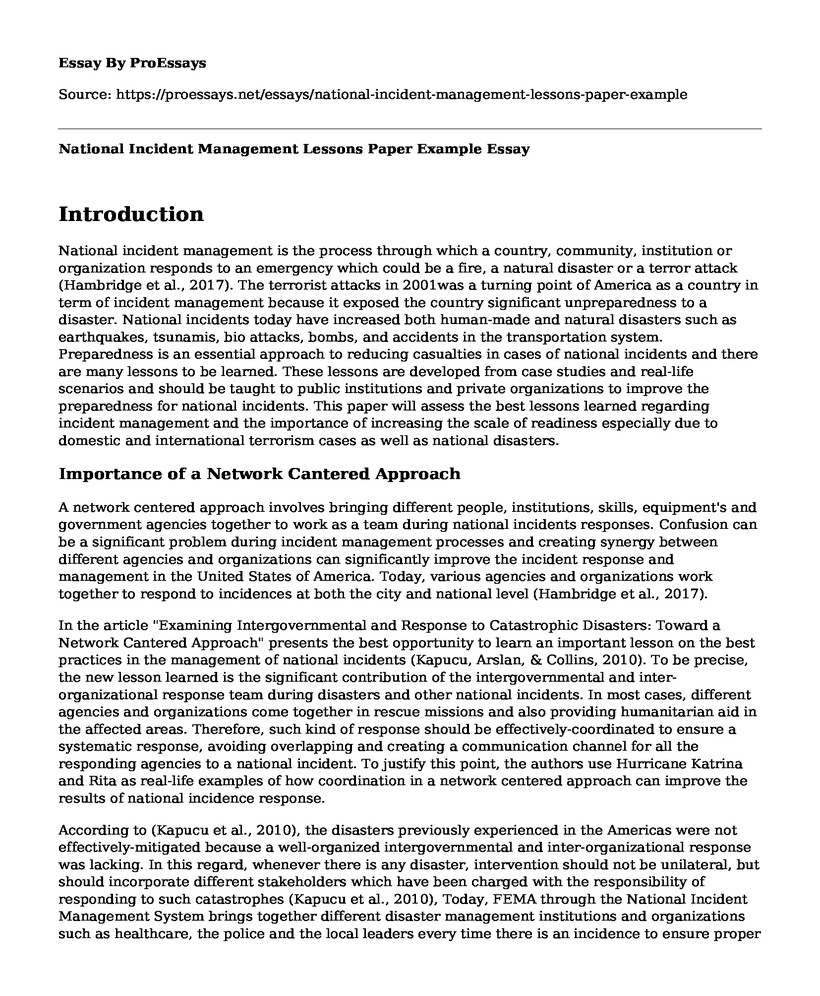 National Incident Management Lessons Paper Example