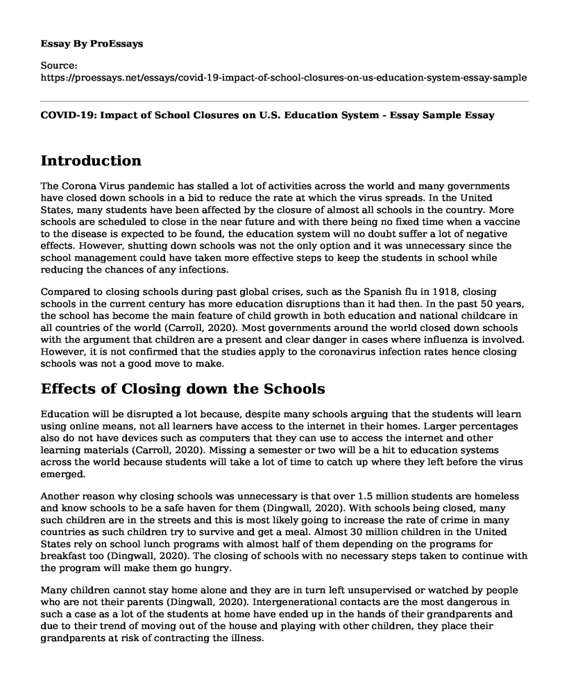 COVID-19: Impact of School Closures on U.S. Education System - Essay Sample