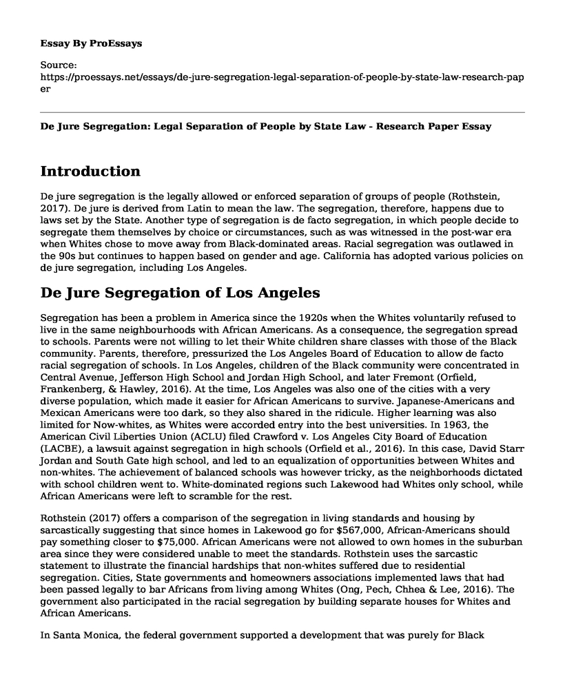 De Jure Segregation: Legal Separation of People by State Law - Research Paper