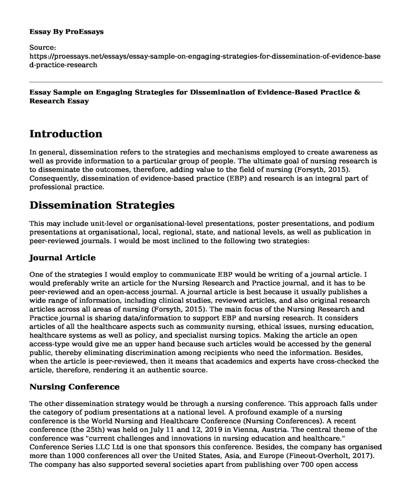 Essay Sample on Engaging Strategies for Dissemination of Evidence-Based Practice & Research