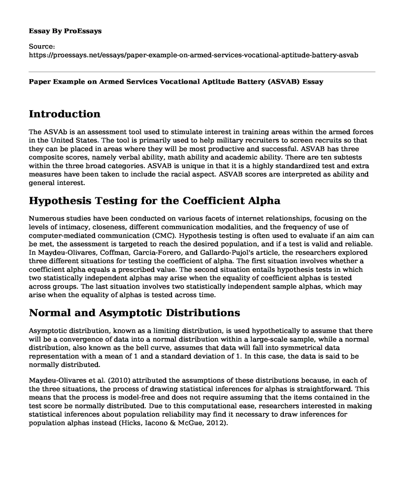 Paper Example on Armed Services Vocational Aptitude Battery (ASVAB)