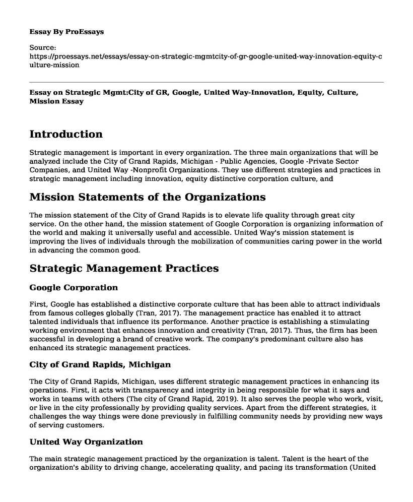 Essay on Strategic Mgmt:City of GR, Google, United Way-Innovation, Equity, Culture, Mission