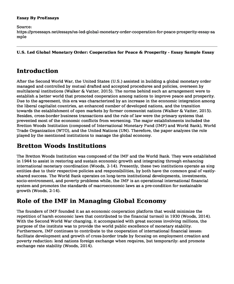 U.S. Led Global Monetary Order: Cooperation for Peace & Prosperity - Essay Sample