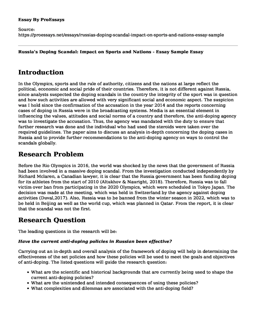Russia's Doping Scandal: Impact on Sports and Nations - Essay Sample