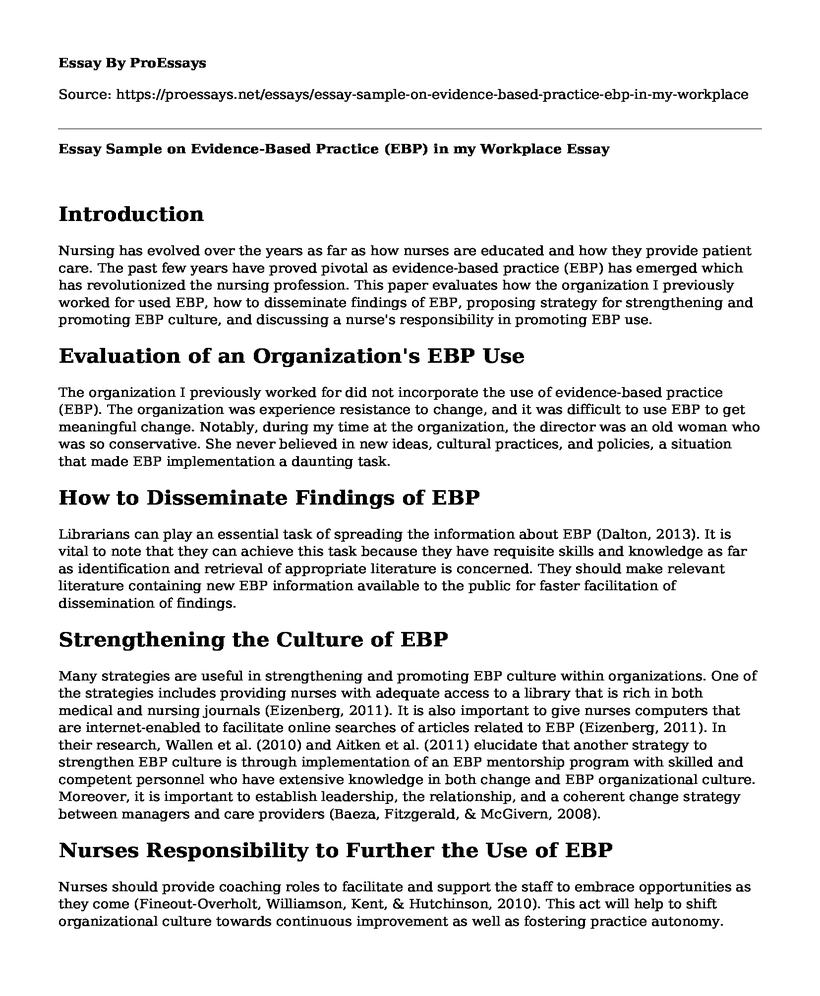 Essay Sample on Evidence-Based Practice (EBP) in my Workplace