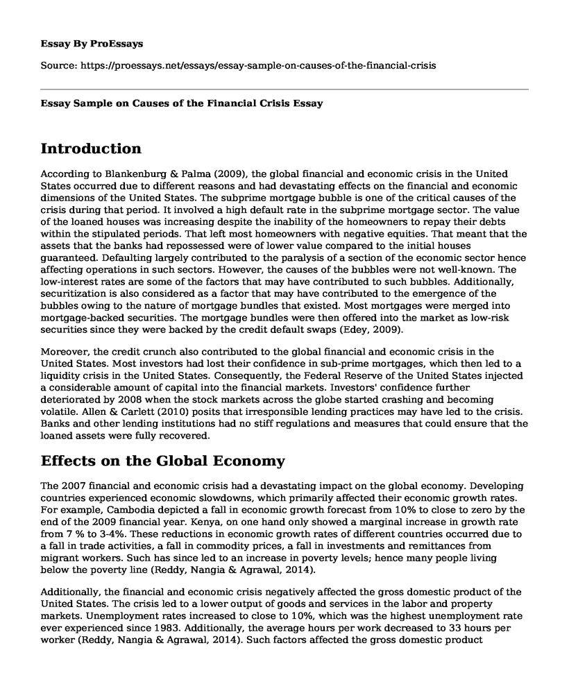 Essay Sample on Causes of the Financial Crisis