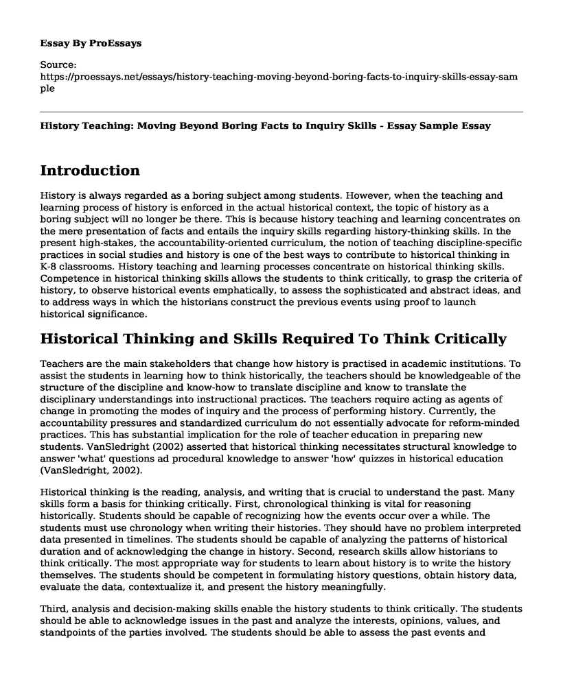 History Teaching: Moving Beyond Boring Facts to Inquiry Skills - Essay Sample