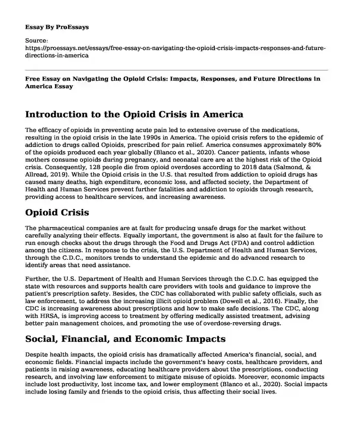 Free Essay on Navigating the Opioid Crisis: Impacts, Responses, and Future Directions in America