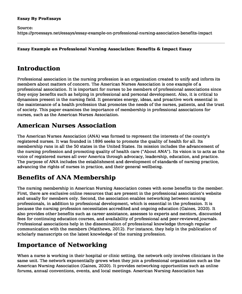 Essay Example on Professional Nursing Association: Benefits & Impact