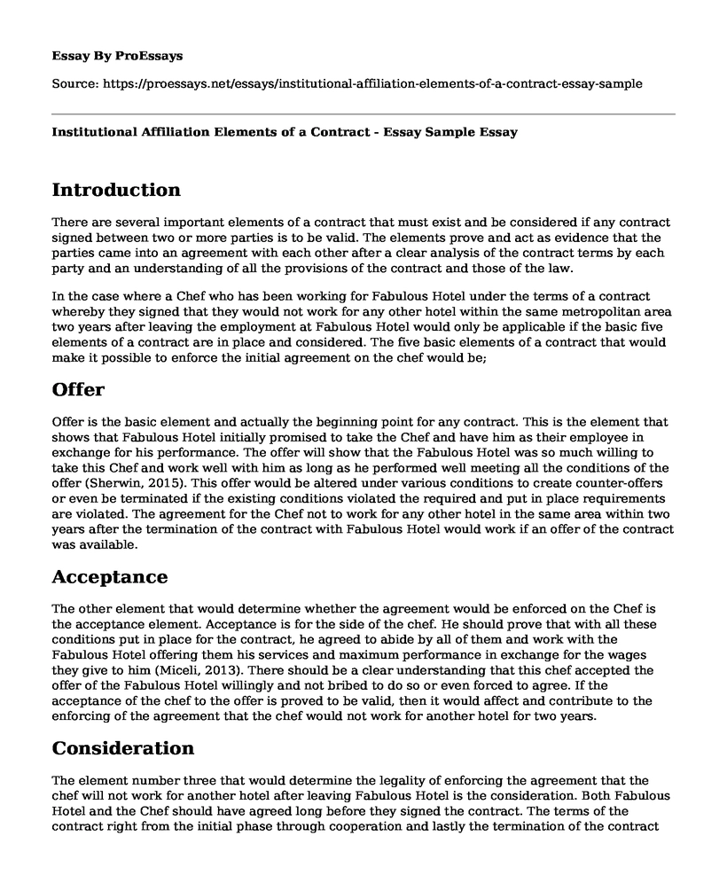 Institutional Affiliation Elements of a Contract - Essay Sample