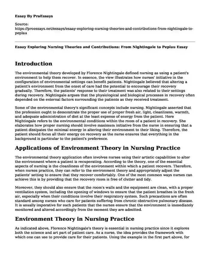Esaay Exploring Nursing Theories and Contributions: From Nightingale to Peplau