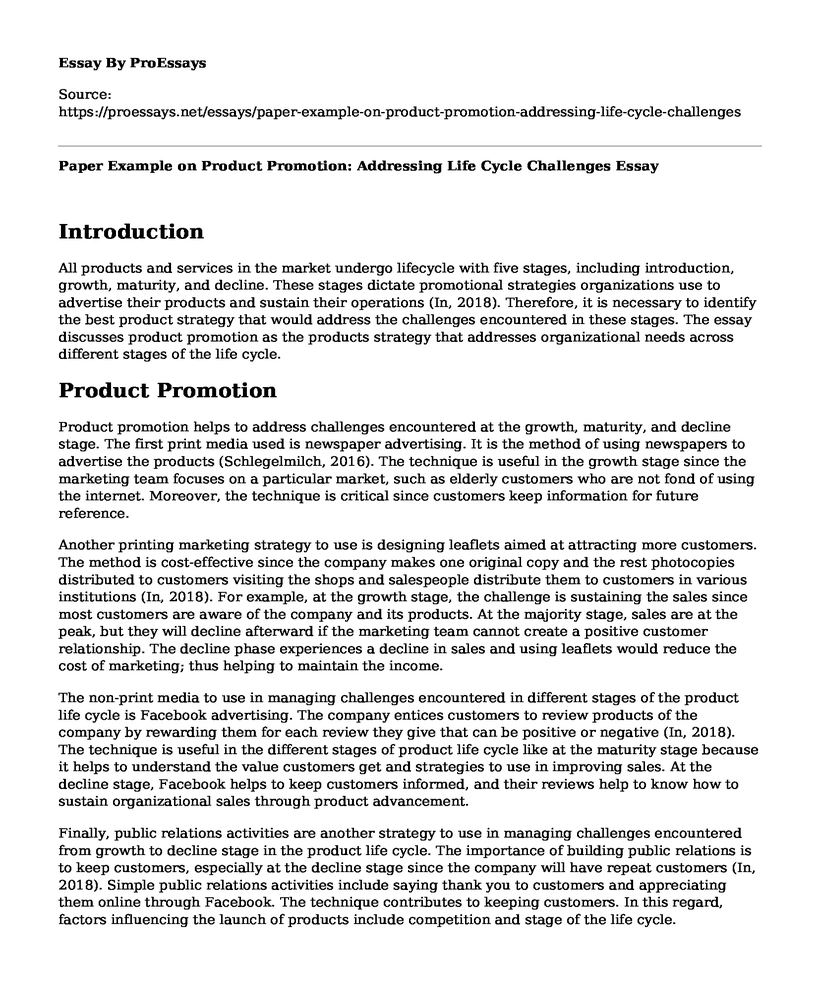 Paper Example on Product Promotion: Addressing Life Cycle Challenges