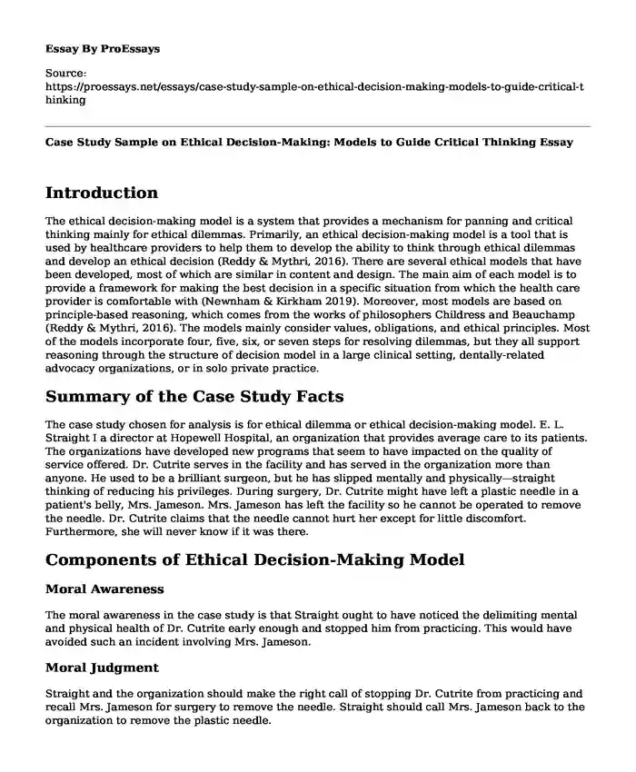 Case Study Sample on Ethical Decision-Making: Models to Guide Critical Thinking