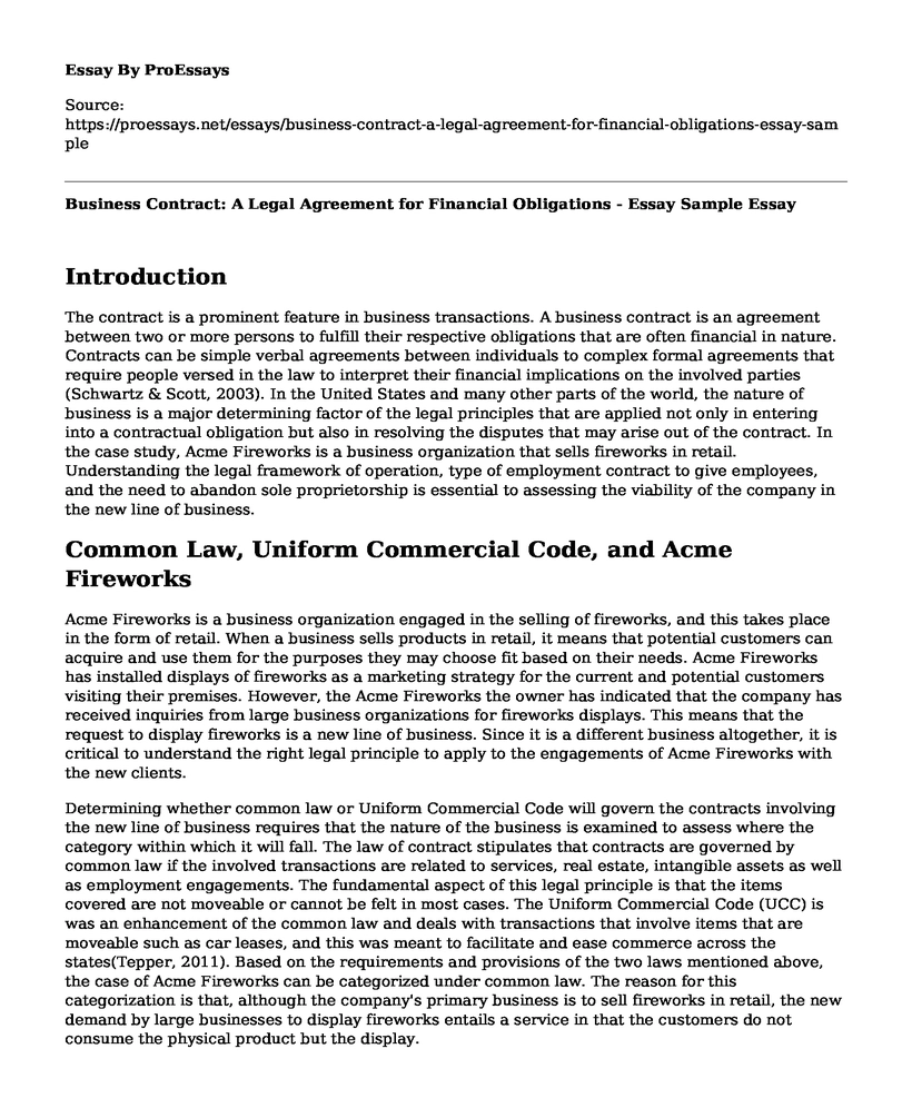 Business Contract: A Legal Agreement for Financial Obligations - Essay Sample