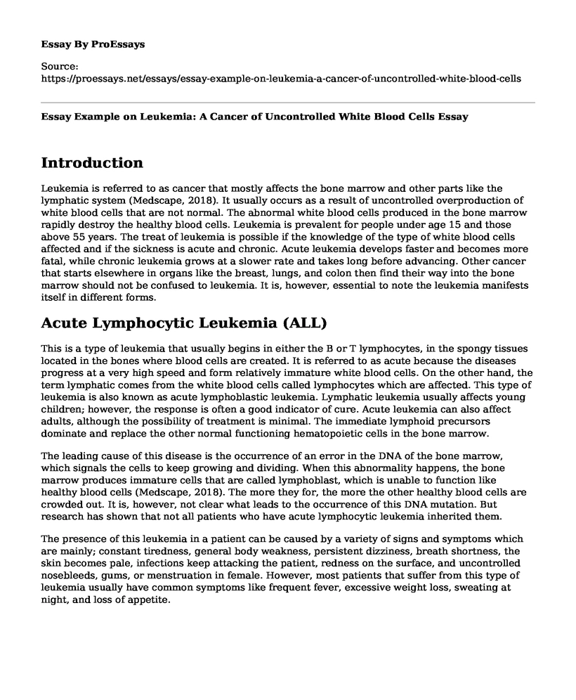 Essay Example on Leukemia: A Cancer of Uncontrolled White Blood Cells