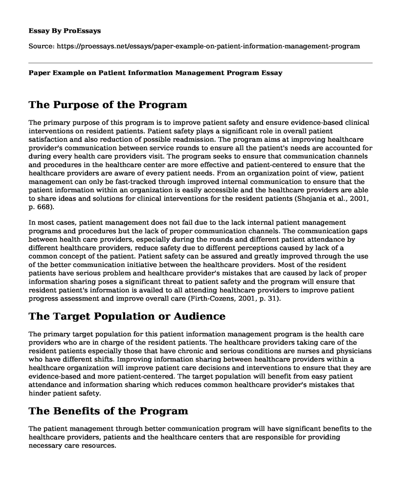 Paper Example on Patient Information Management Program