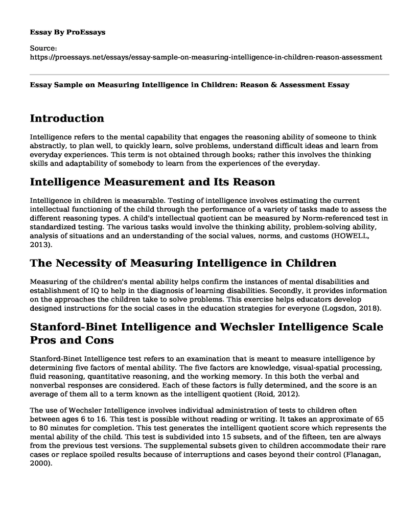 Essay Sample on Measuring Intelligence in Children: Reason & Assessment