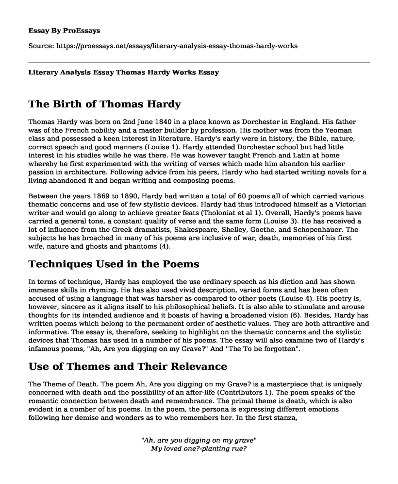 Literary Analysis Essay Thomas Hardy Works