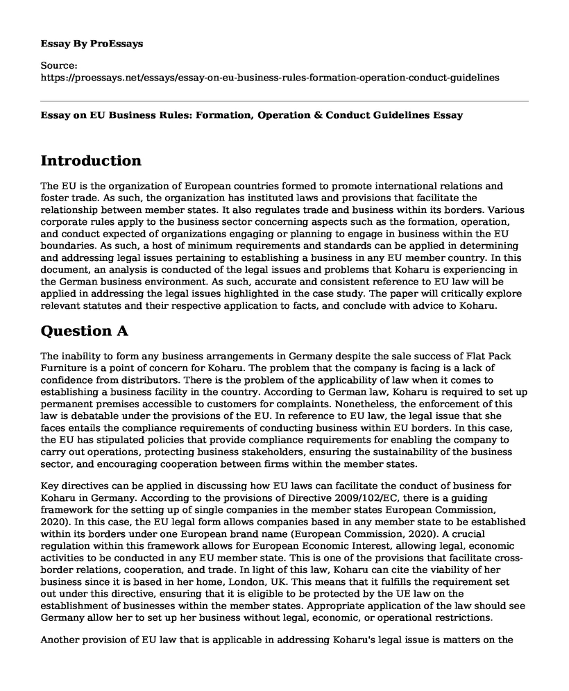 Essay on EU Business Rules: Formation, Operation & Conduct Guidelines