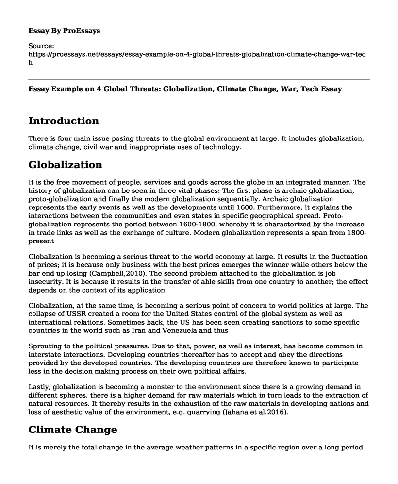 Essay Example on 4 Global Threats: Globalization, Climate Change, War, Tech