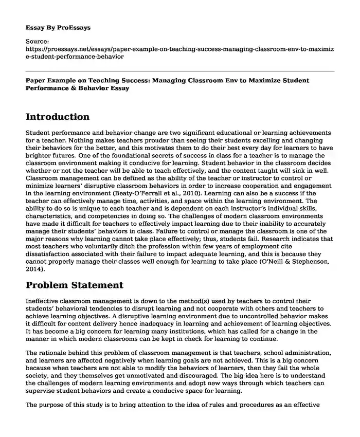 Paper Example on Teaching Success: Managing Classroom Env to Maximize Student Performance & Behavior