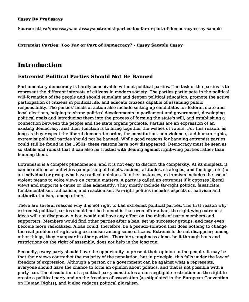 Extremist Parties: Too Far or Part of Democracy? - Essay Sample