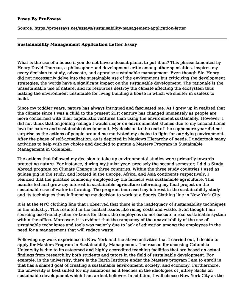 Sustainability Management Application Letter