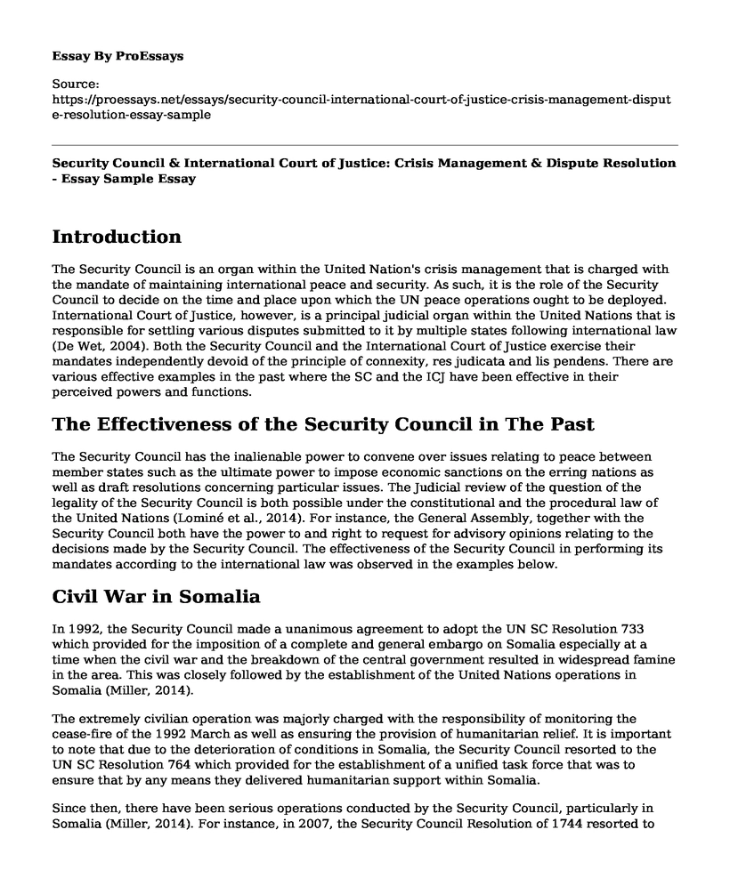 Security Council & International Court of Justice: Crisis Management & Dispute Resolution - Essay Sample