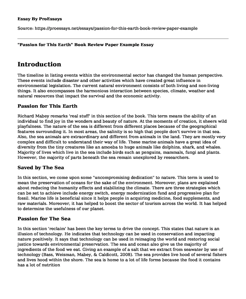 "Passion for This Earth" Book Review Paper Example