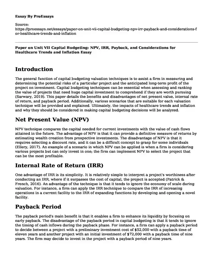 Paper on Unit VII Capital Budgeting: NPV, IRR, Payback, and Considerations for Healthcare Trends and Inflation