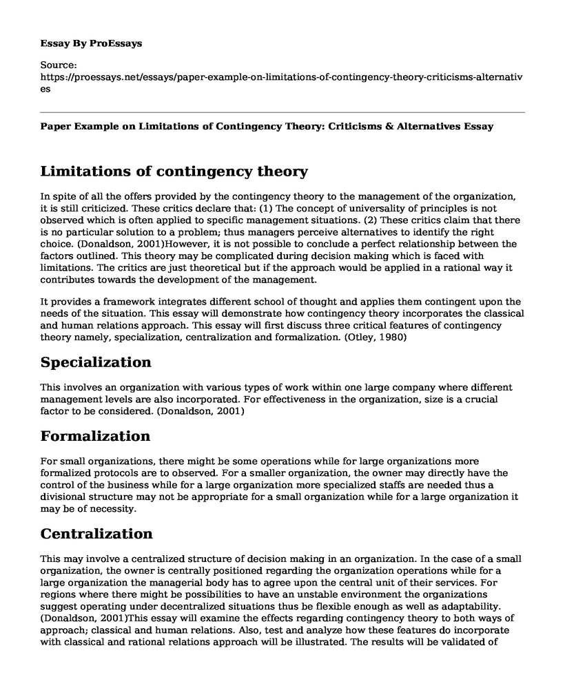 Paper Example on Limitations of Contingency Theory: Criticisms & Alternatives