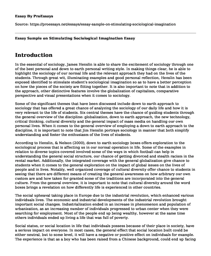 Essay Sample on Stimulating Sociological Imagination