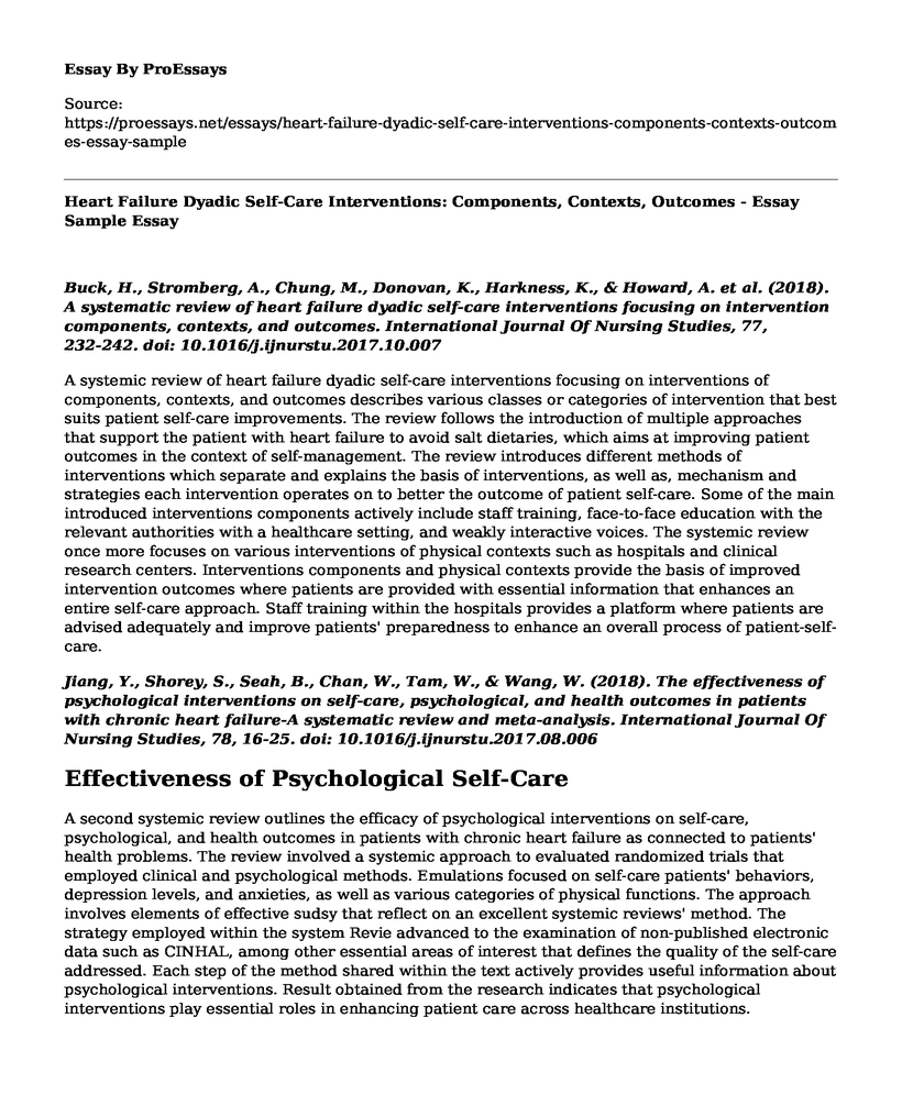 Heart Failure Dyadic Self-Care Interventions: Components, Contexts, Outcomes - Essay Sample