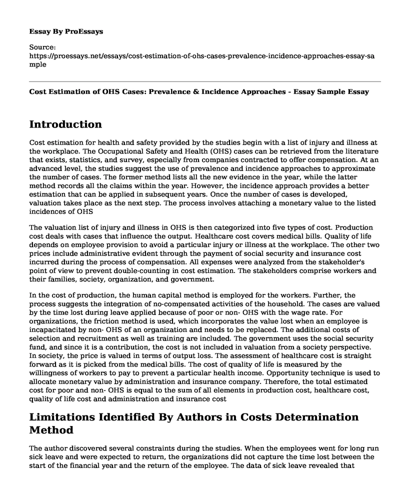 Cost Estimation of OHS Cases: Prevalence & Incidence Approaches - Essay Sample