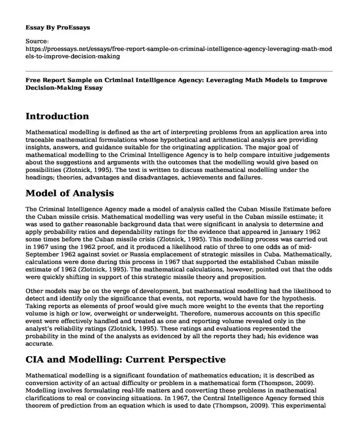 Free Report Sample on Criminal Intelligence Agency: Leveraging Math Models to Improve Decision-Making