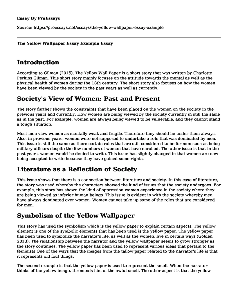The Yellow Wallpaper Essay Example