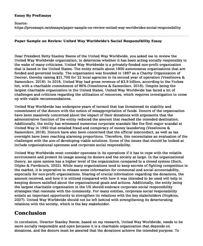 Paper Sample on Review: United Way Worldwide's Social Responsibility
