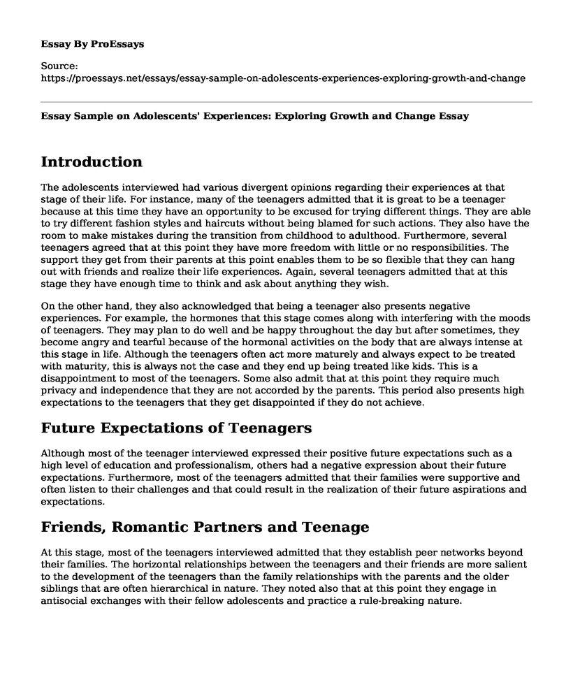 Essay Sample on Adolescents' Experiences: Exploring Growth and Change