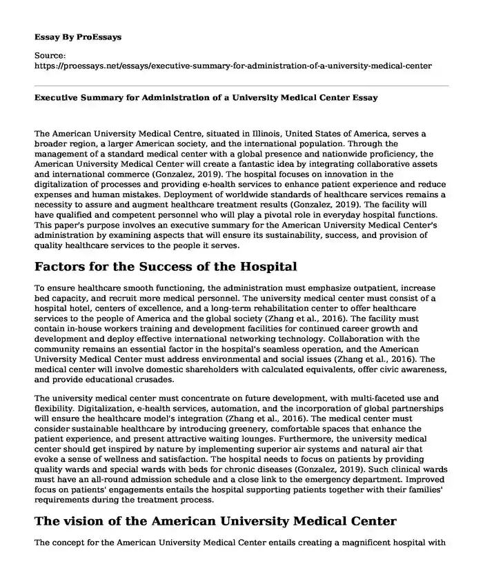 Executive Summary for Administration of a University Medical Center