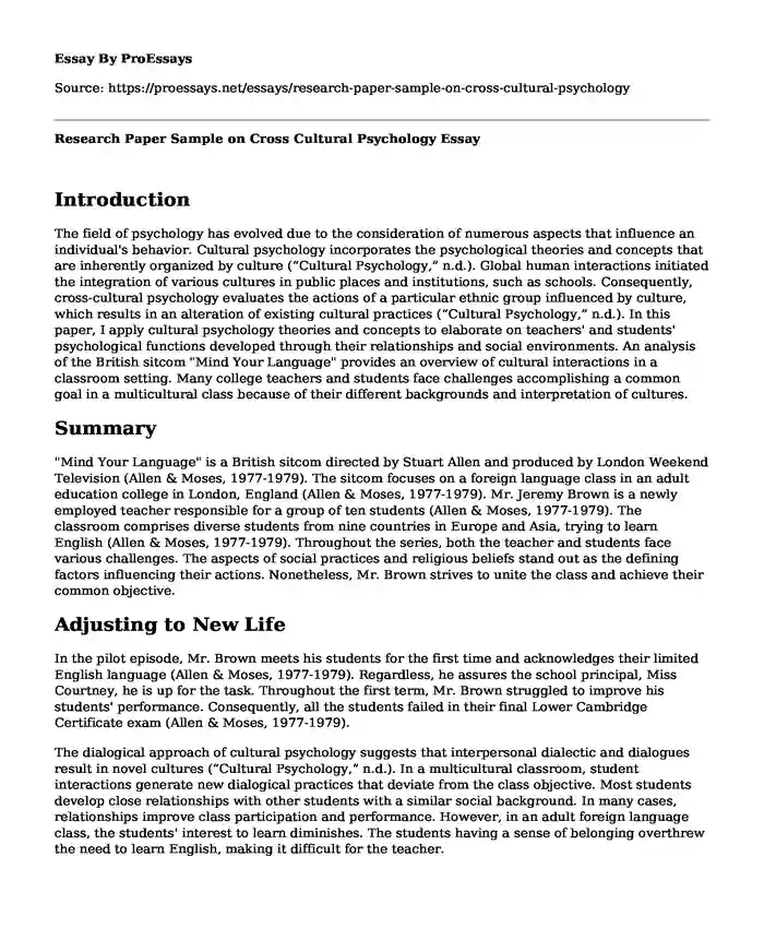 Research Paper Sample on Cross Cultural Psychology