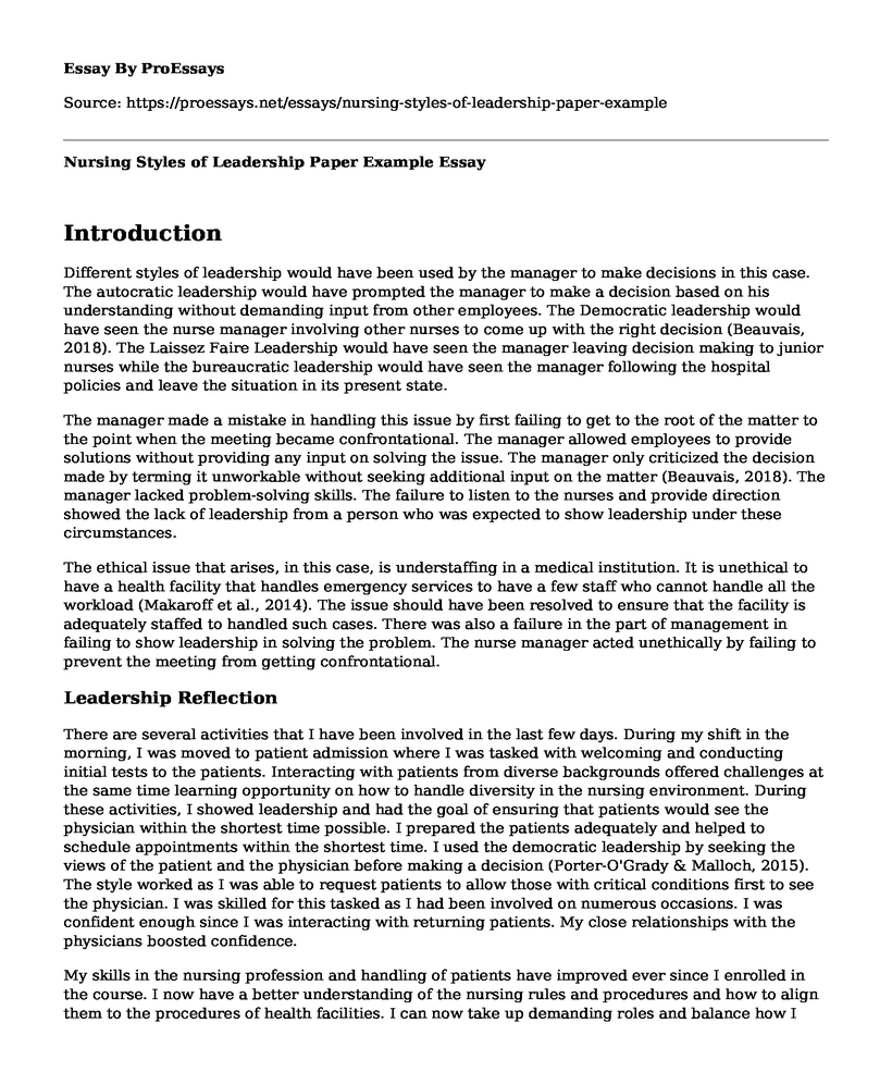 Nursing Styles of Leadership Paper Example