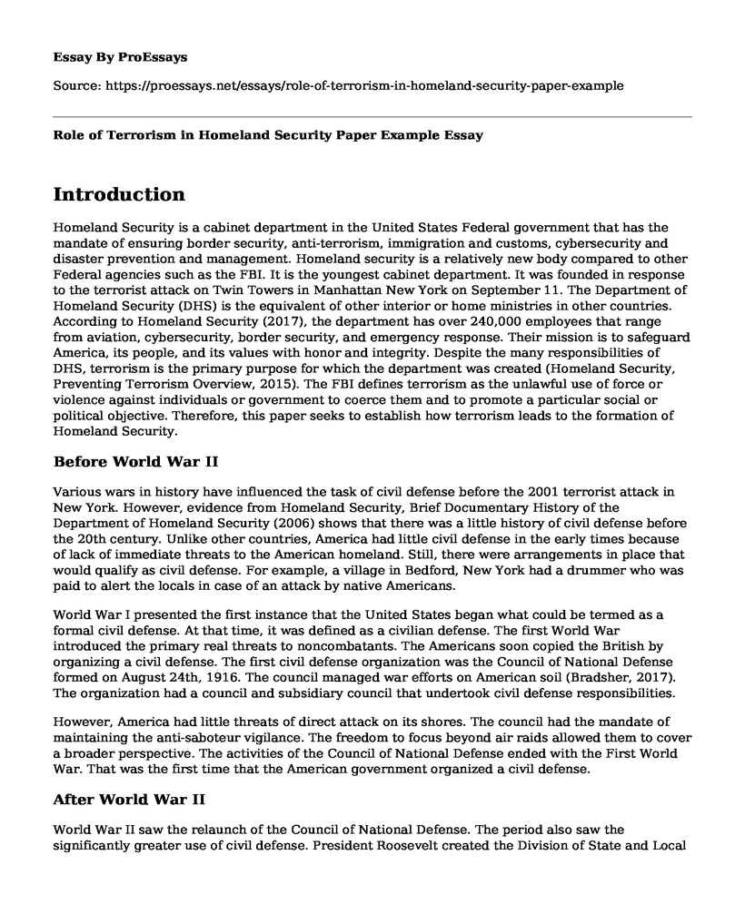 Role of Terrorism in Homeland Security Paper Example